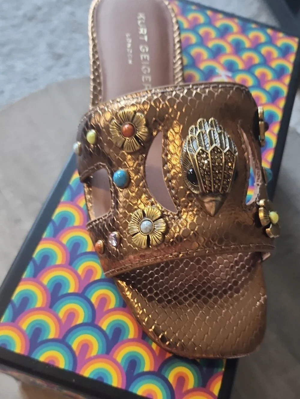 Kurt Geiger Metallic Bronze Slide with Floral Studs and Owl Accent